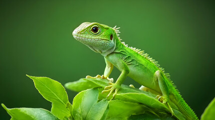 Naklejka premium Green lizard perched on leaves, vibrant green background, nature photography, ideal for wildlife books