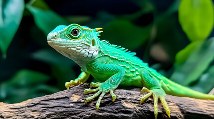Fototapeta premium Green lizard perched on wood, lush foliage background; exotic pet, nature photography