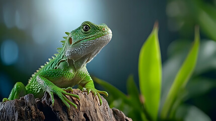 Obraz premium Green lizard perched on wood, lush foliage background; perfect for pet, reptile, or nature websites