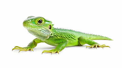 Fototapeta premium Green lizard posing against white background; perfect for reptile websites, pet stores, or zoological publications