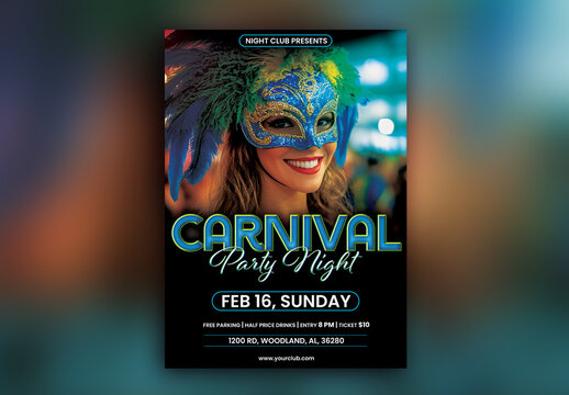 Editable Carnival Party Flyer or Poster Template, with Female Samba Dancer for Advertising.