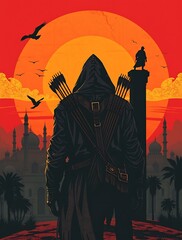 Silhouette of archer against vibrant sunset backdrop.

