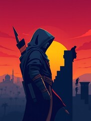 A hooded figure surveys a vibrant sunset cityscape.

