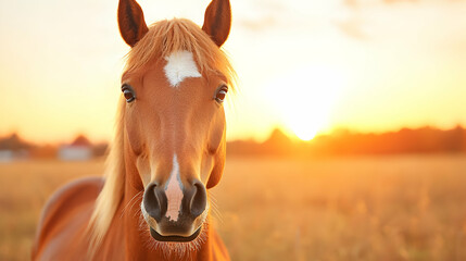 Obraz premium Chestnut horse sunset field portrait equine photography