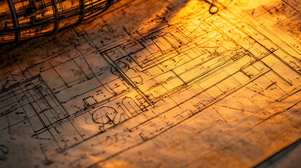 Detailed architectural blueprint with warm light illumination