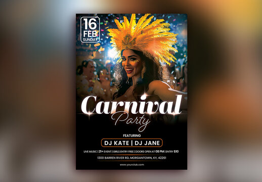 Editable Carnival Party Flyer or Poster Template, with Female Samba Dancer for Advertising.