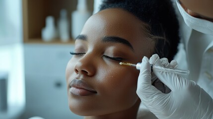 Young woman receiving facial treatment with serum application in spa environment for skincare and rejuvenation concept