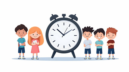 Happy children waiting by a large clock; back to school; classroom preparation