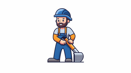 Happy construction worker with shovel, white background, cartoon style, for website illustration