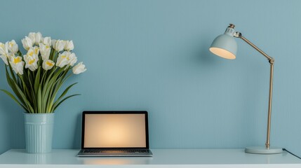 Modern Workspace Setup with Laptop Desk Lamp and White Tulips in a Cozy Blue Environment