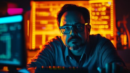 Focused Male Coder Working at Computer in Neon-Lit Environment