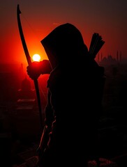 Silhouette of an archer against a sunset backdrop.


