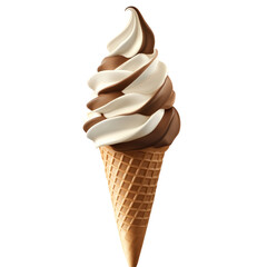 Soft serve ice cream cone with chocolate and vanilla swirls against a transparent background