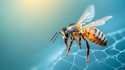 Honeybee on spiderweb, nature close-up, blurred background, for environmental conservation
