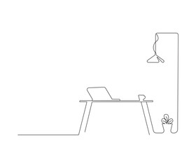 Home office interior in one continuous line drawing. Working area for business or freelance in simple linear style. Editable outline illustration