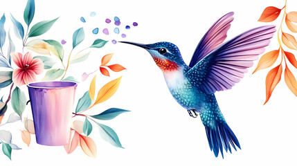 Obraz premium Hummingbird feeding from flowers, paint cup, autumn leaves background; nature illustration