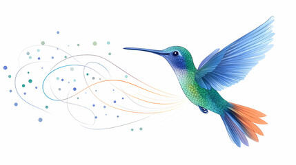 Obraz premium Hummingbird in flight, colorful trails, white background, nature illustration, website design