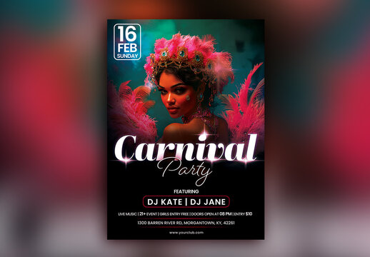 Editable Carnival Party Flyer or Poster Template, with Time, Date and Venue Details for Advertising.
