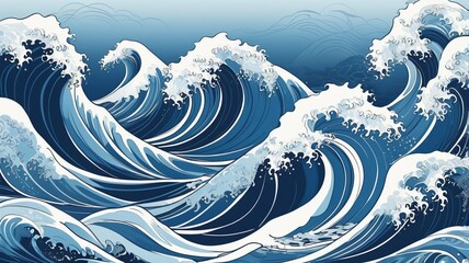 Japanese sea wave background vector. Wallpaper design with white line art and blue ocean wave pattern backdrop. Modern luxury oriental illustration for cover, banner, website, decor, interior.