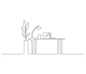 Home office interior in one continuous line drawing. Working area for business or freelance in simple linear style. Editable outline illustration