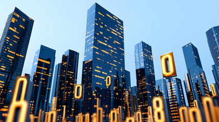 Obraz premium Illuminated cityscape at night, binary code overlay, digital transformation concept, website banner