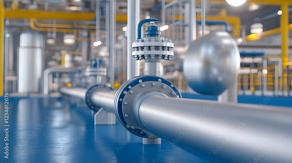 Poster industrial pipeline system in a factory. background shows complex machinery and infrastructure. use 