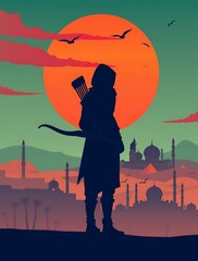 Silhouette of an archer against a sunset backdrop.

