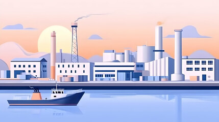 Industrial harbor sunset, fishing boat, factory skyline, peaceful evening scene, website banner