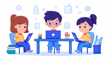 Kids collaborating on laptops, studying together, classroom background, educational teamwork illustration