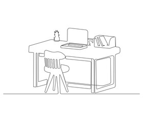 Home office interior in one continuous line drawing. Working area for business or freelance in simple linear style. Editable outline illustration