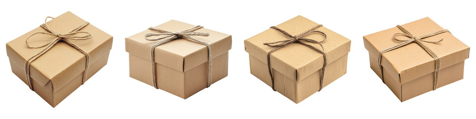 Rustic kraft paper box isolated on transparent background, PNG, Set of