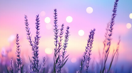 Lavender field sunset, bokeh background, peaceful nature scene, calming mood, ideal for relaxation