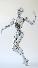Futuristic chrome robot in a dynamic pose, isolated on white background.  Perfect for AI, technology, and robotics concepts.