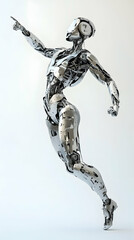 Futuristic chrome robot in dynamic pose, pointing, isolated on white background.  High-resolution 3D render of advanced humanoid android.
