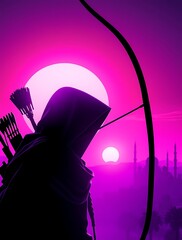 Silhouette of an archer with a vibrant purple backdrop.

