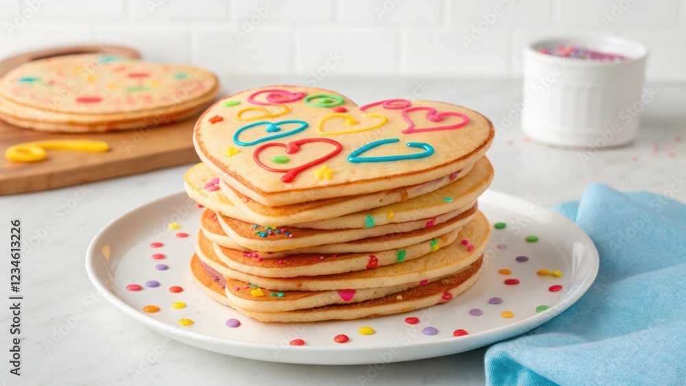 Poster stack of heart shaped pancakes decorated with colorful sprinkles and icing, creating a delightful an