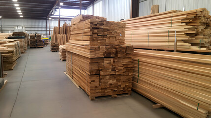 Lumber stacks in warehouse, ready for distribution.  Background shows more wood and industrial setting.  Use construction, woodworking