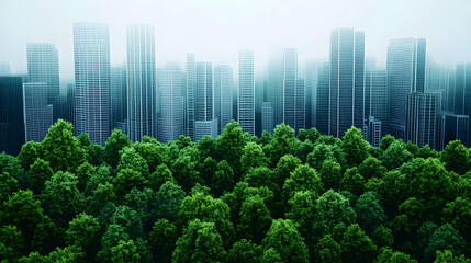 Lush forest contrasting modern cityscape; sustainable urban planning; environmental conservation; background image for reports