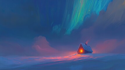 Cozy cabin glows warmly under a vibrant aurora borealis in a snowy, serene landscape.