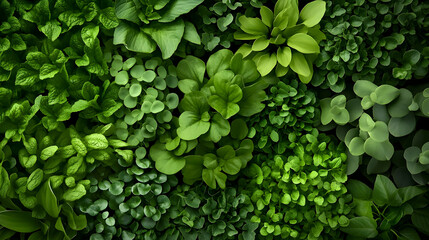 Fototapeta premium Lush green foliage wall, vibrant leaves, natural background, perfect for eco-friendly design