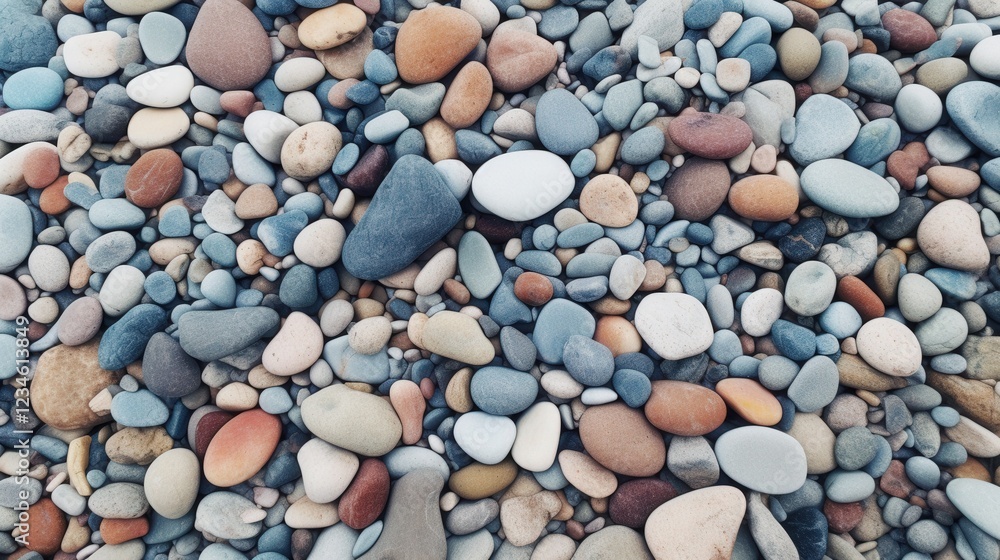 Poster colorful collection of various beach pebbles and rocks on shoreline displaying unique textures and p