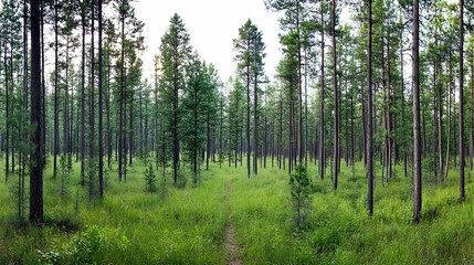 Lush green pine forest trail, tranquil nature scene, summer daylight. Ideal for travel brochures