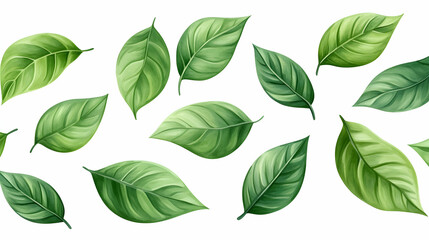 Obraz premium Lush green leaves scattered on white; nature design; website banner
