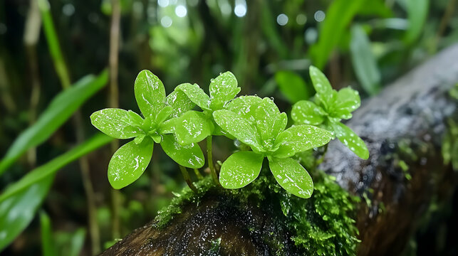 Lush rainforest, vibrant green plants sprouting on mossy log, blurred background, perfect for nature documentaries