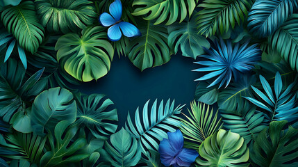 Naklejka premium Lush tropical leaves frame, butterflies, dark background; ideal for summer designs