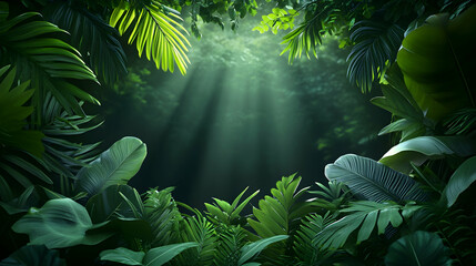 Obraz premium Lush tropical rainforest canopy, sunlight rays breaking through leaves, creating a vibrant green background, ideal for travel or nature documentaries