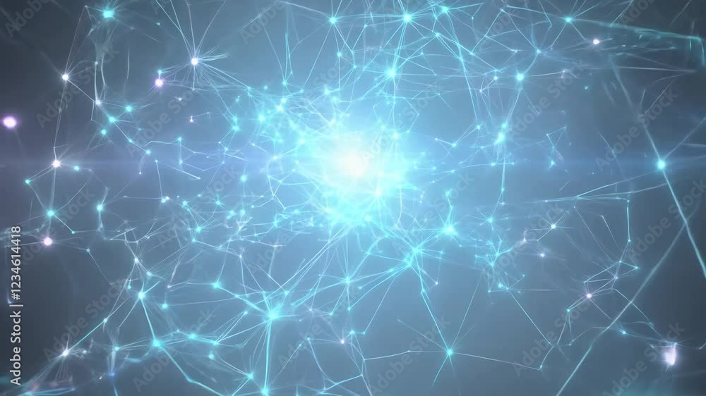 Poster zoom out video of a single glowing synapse to reveal a sprawling neural network bathed in soft, calm