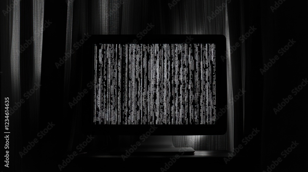 Poster dark room with a computer displaying static noise