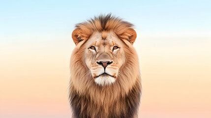 Majestic male lion portrait against sunset savannah background; ideal for wildlife documentaries