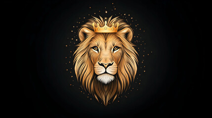 Majestic lion wearing a golden crown, dark background, sparkles; ideal for royalty, power, leadership themes